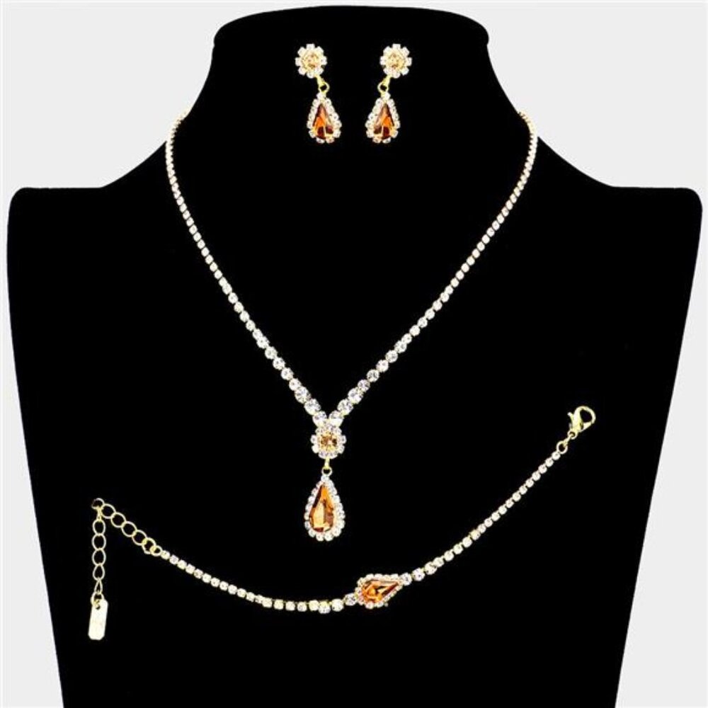 3 Piece Teardrop Stone Accented Rhinestone Necklace Jewelry Set